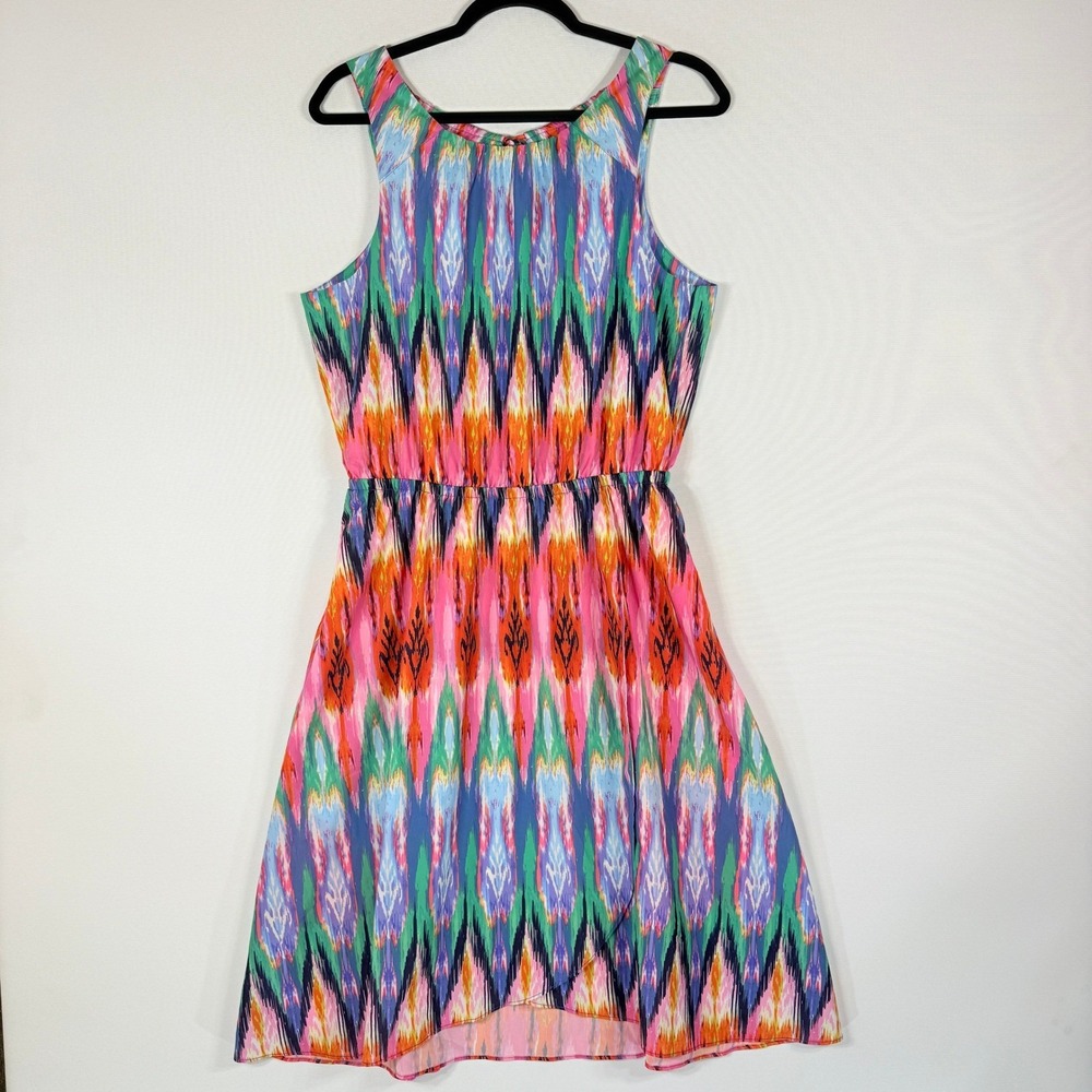 Athleta Womens Medium Sleeveless Midi Dress Ikat Geometric Vibrant Boho Casual